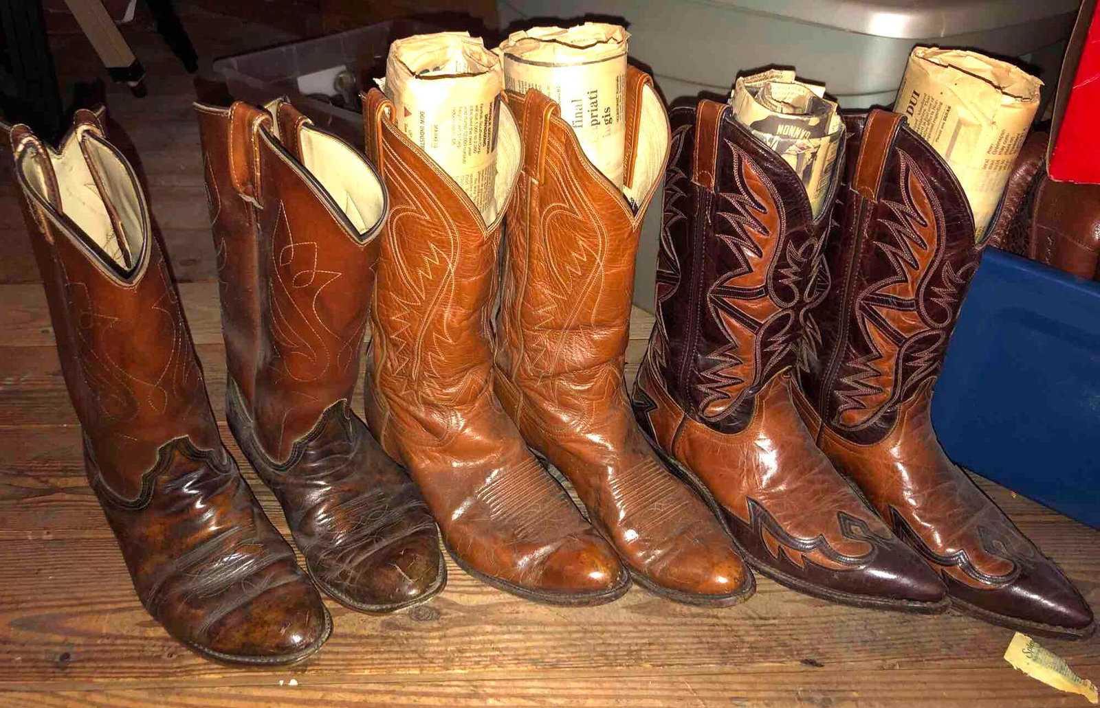 3 Pairs of Leather Cowboy Boots: boots include a pair by Biltrite neoprene, unknown size. A pair by Coolwest size 9 M. A pair by Tony Lana size 9.5 ** Notice: This lot is located, in Hampton, Virginia. It requires pickup, in Hampton 