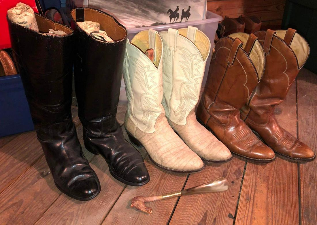 3 Pairs of Leather Cowboy Boots: three pairs of cowboy boots include one made by Mocona Boot, size 10, one made by an unknown brand size 9 and a black pair unknown size and maker. lot also includes a carved horse handled shoe horn. *