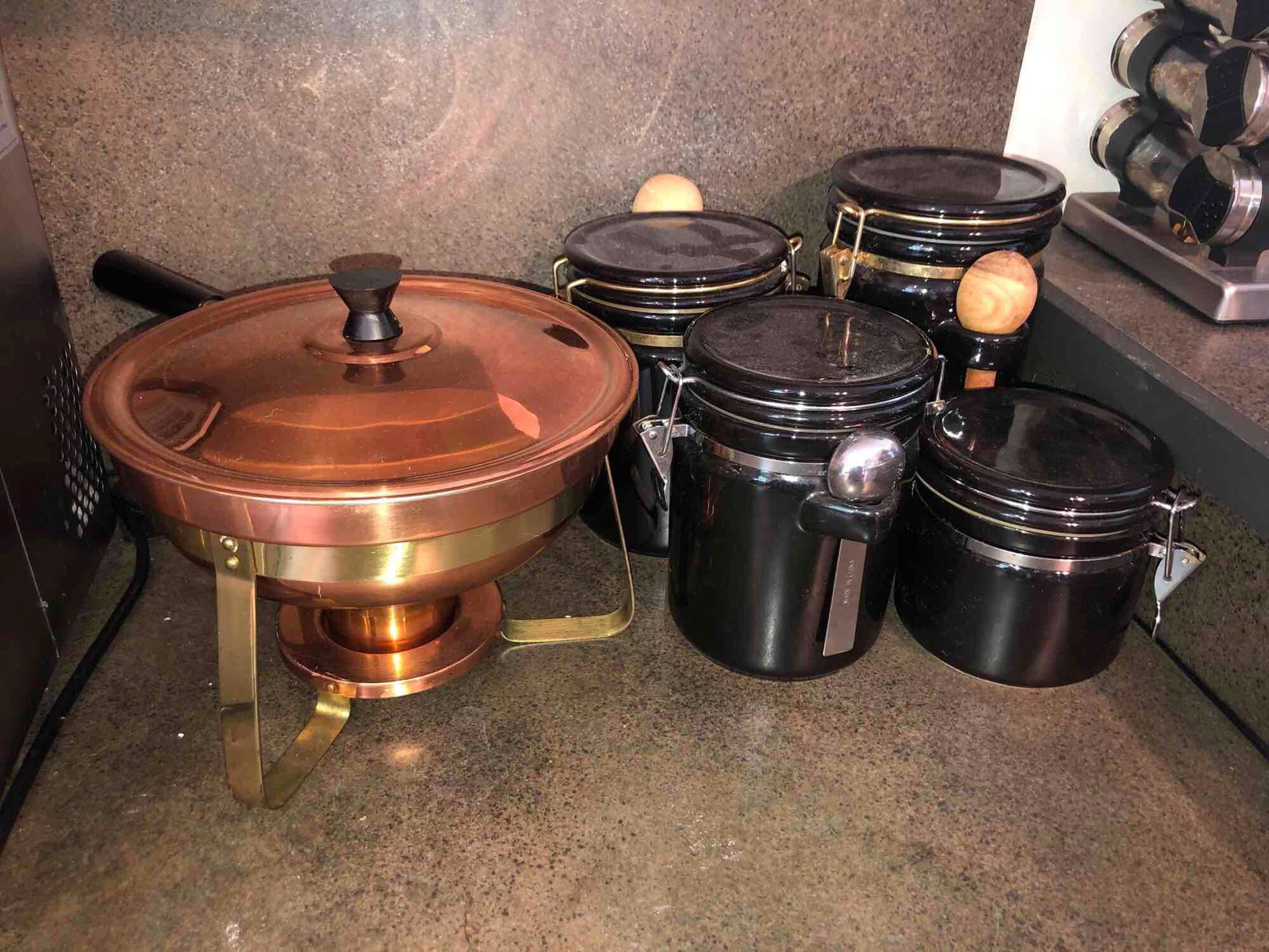 Ceramic Jars and Chafing Dish: lot includes four dry storage jars with spoons and a brass or copper shaping dish. ** Notice: This lot is located, in Hampton, Virginia. It requires pickup, in Hampton - only on June 13th and 14th, be