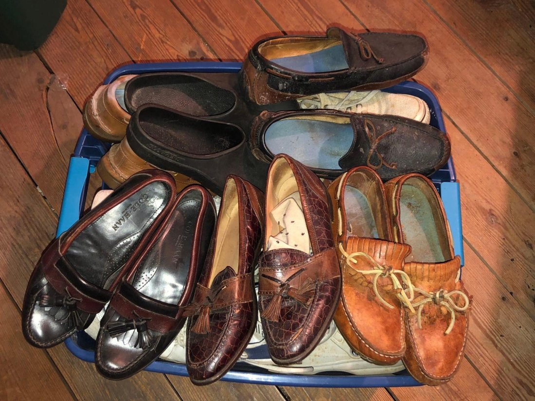 Large Lot of Men's Shoes: Large container of men's shoes include various sizes of leather and tennis shoes. ** Notice: This lot is located, in Hampton, Virginia. It requires pickup, in Hampton - only on June 13th and 14th, bet