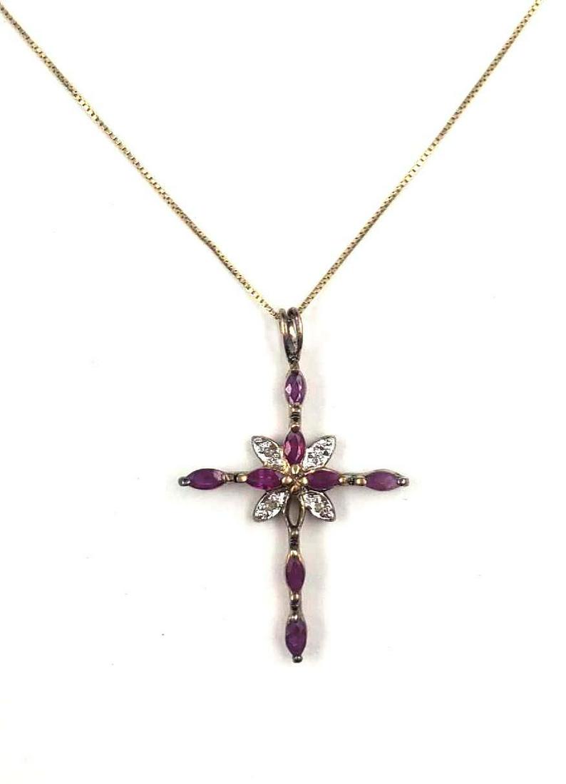 14k Gold Box Chain Necklace with Diamonds and Rubies Pendant (1 of 8)