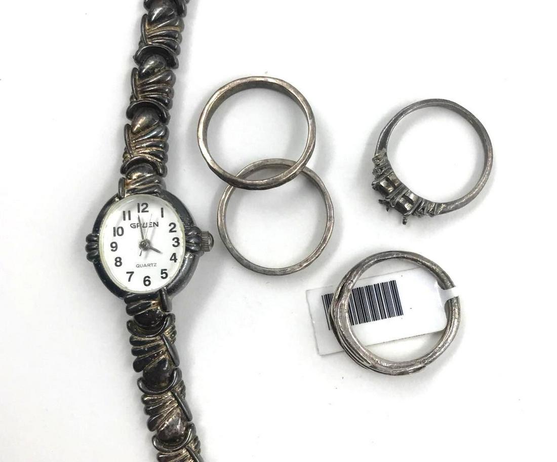 Sterling Silver Gruen Watch and Rings, and Silver Toned Rings (1 of 19)