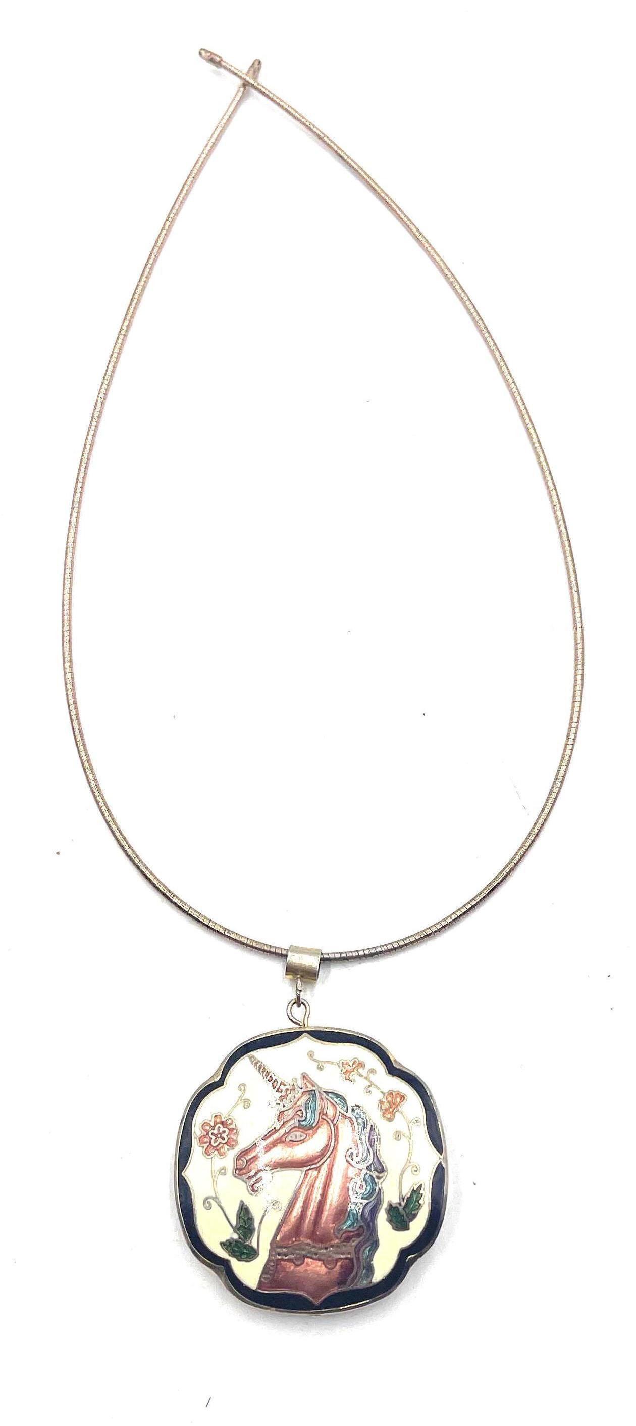 Italian Sterling Silver and Unicorn Cloisonné Omega Chain Necklace (1 of 7)