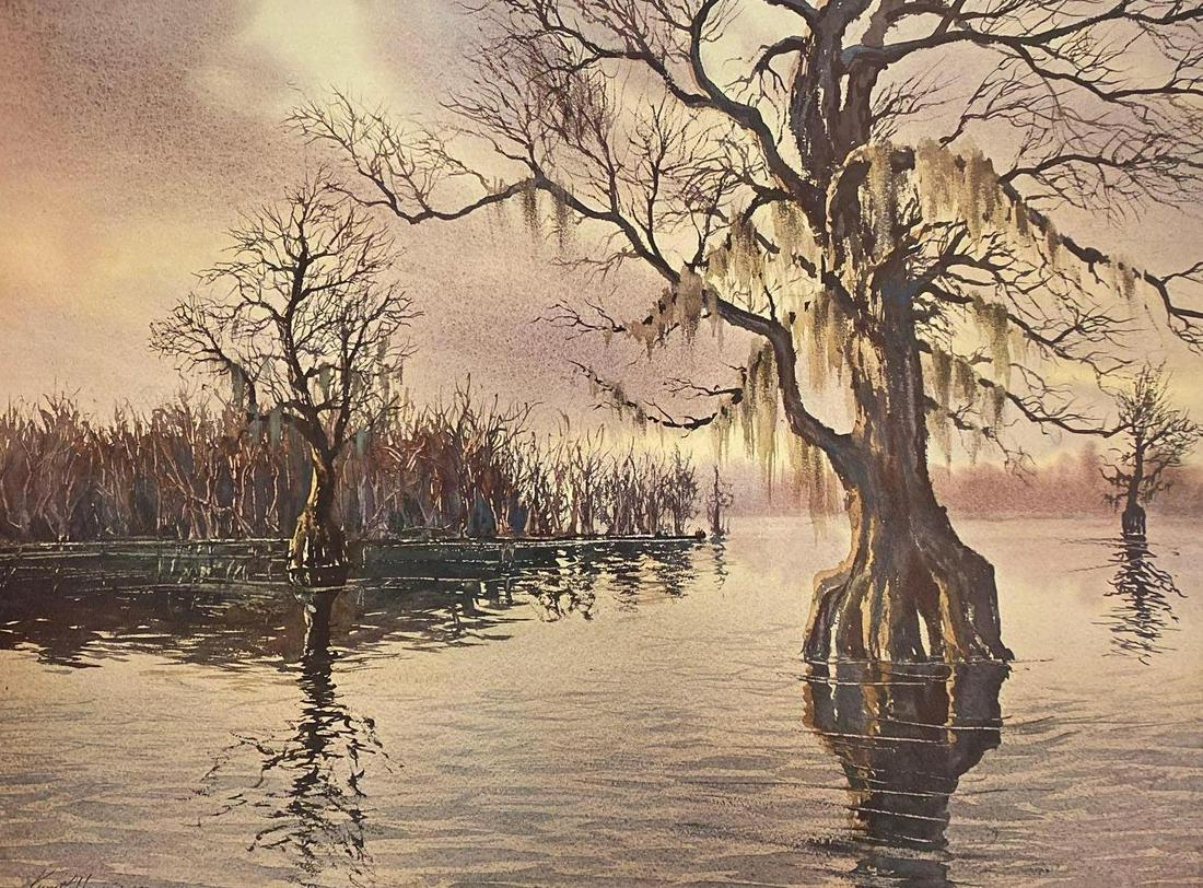 Lake Drummond, Great Dismal Swamp, by Kenneth Harris, Chesapeake Collection: Lake Drummond, Great Dismal Swamp, by Kenneth Harris Origin: Virginia, part of the Chesapeake Collection Medium: Watercolor Print Dimensions: 21 x 26 inches OA, unframed. Condition: Excellent Addition