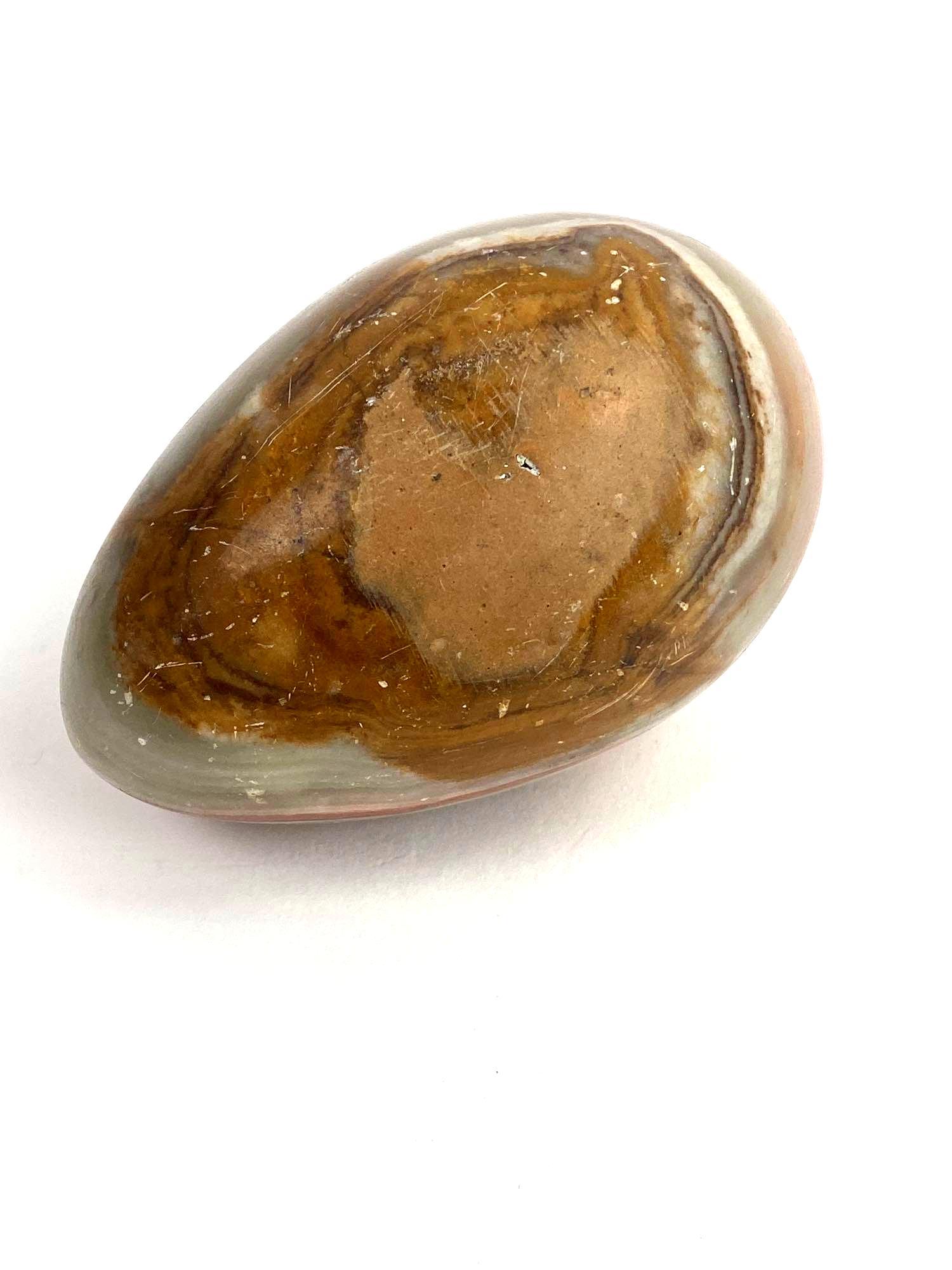 Jasper Stone Egg: Jasper Stone Egg Medium: Stone Dimensions: 3.75 Inches Condition: Excellent Additional Information: Polished jasper egg. Hues of russet brown, grays, orange and green.