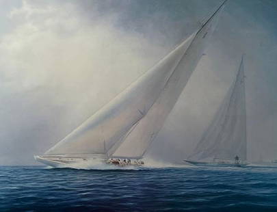 Tim Thompson, The Great Yachts: Tim Thompson, The Great Yachts Origin: British Medium: Print Dimensions: Art: 28 X 22 inches Frame: 36 X 30 inches Condition: Excellent Additional Information: Print of a painting of two yachts sailin