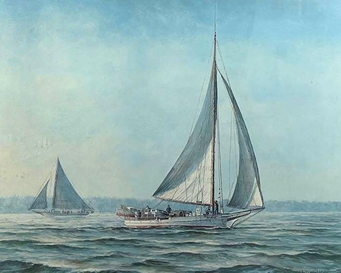 Joseph McGehee, Skipjacks in Tangier Sound: Joseph McGehee, Skipjacks in Tangier Sound Origin: American Medium: Print Dimensions: Art: 21 X 19 inches Frame: 29 X 27 inches Condition: Excellent Additional Information: Print of a sail boat sailin