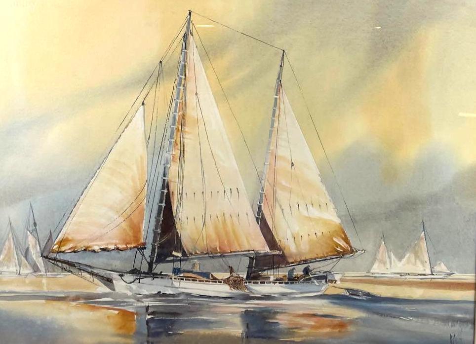 R. Carter Sail Boat: R. Carter, Sail Boat Origin: American Medium: Watercolor on Paper Dimensions: Art: 28.5 X 21.5 inches Frame: 39 X 32 inches Condition: Excellent Additional Information: Watercolor painting of a sail b
