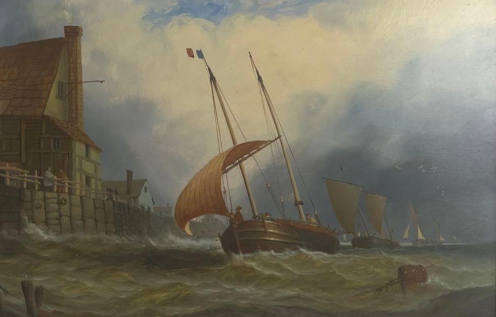 Robert Moore (1945), Putting into Etretat: Robert Moore (1945), Putting into Etretat Origin: French, 1977 Medium: Oil on Board Dimensions: 13 x 19 Inches Frame 24.5 x 18.5 Inches Condition: Excellent Additional Information: Robert Moore is a h