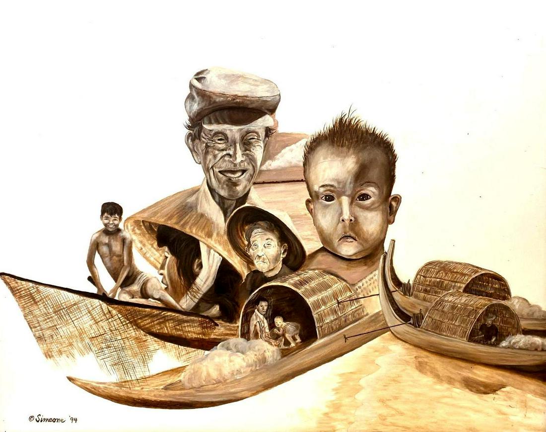 Herb Simeone (1941-2016), Mekong Fishing Family: Herb Simeone (1941-2016), Mekong Fishing Family Origin: American, 1994 Medium: Oil on Canvas Dimensions: Art in Frame 48" X 60" Condition: Excellent Additional Information: Signature and date on the b