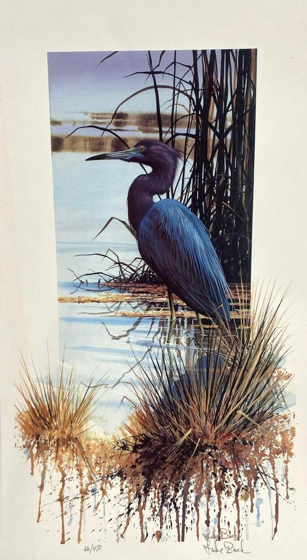 Luke Buck, Little Blue Heron, 1998: Luke Buck, Little Blue Heron, 1999 Origin: American Medium: Print Dimensions: Art is 11 x 21.75 inches overall Condition: Good Additional Information: Depicts blue heron in autumn marsh. Limited editi