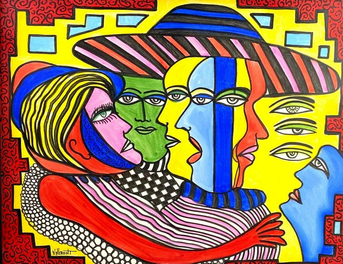 William Verdult, Many Opinions: William Verdult, Unity in the Mind Origin: American. Medium: Mixed Media on paper. Dimensions: Art is 22 x 28 inches; Frame is 27 x 33 inches Condition: Excellent Additional Information: Vibrant figur