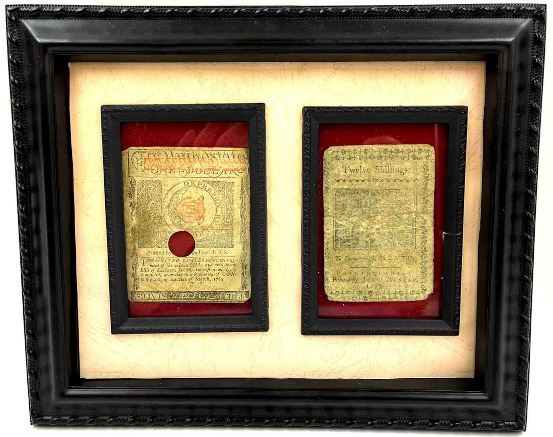Pre Colonial Money in Frame: Two framed Revolutionary colonial money in a frame. The 12 Shillings is dated 1777, printed by John Dunlap in Philadelphia. The One dollar bill is dated March 18, 1780. Both bills are worn but in good