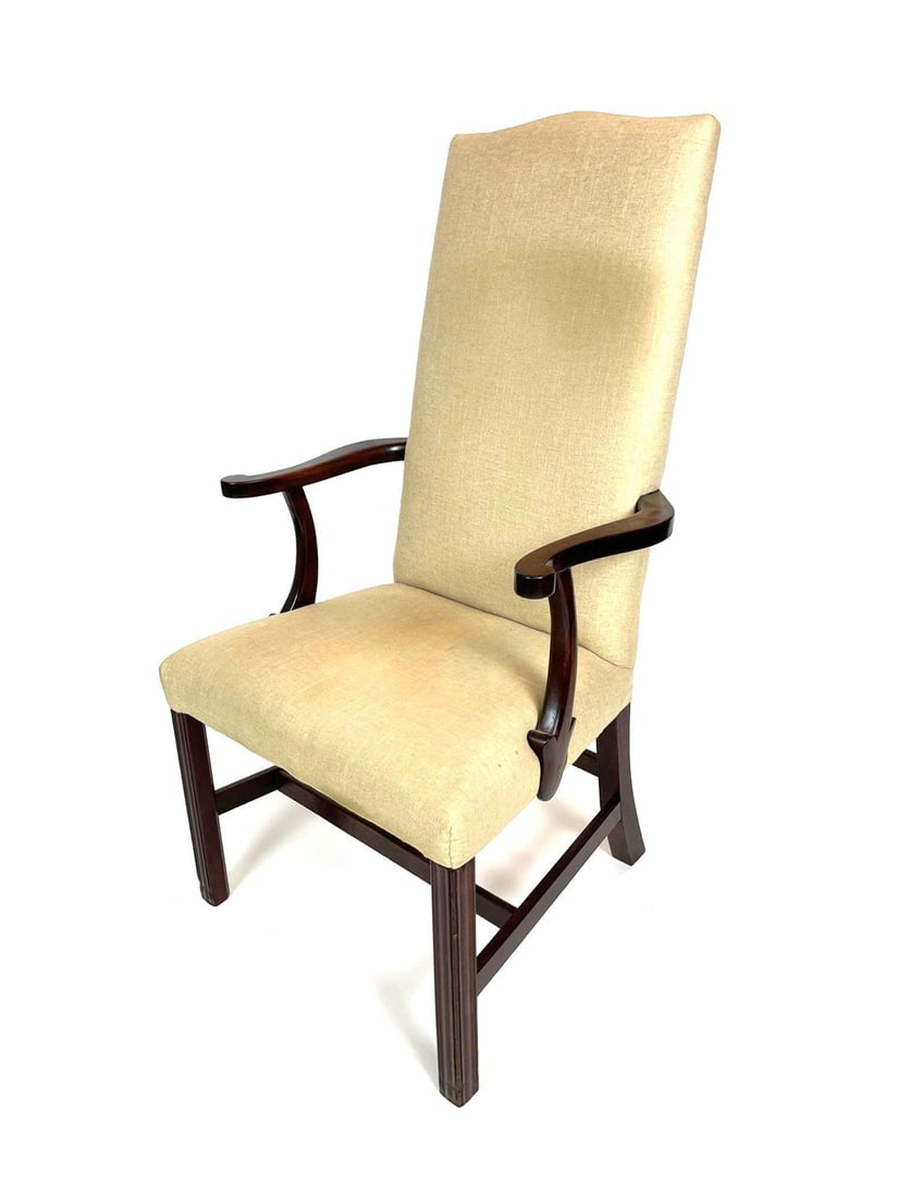 Federal Mahogany Lolling Chair: Federal Mahogany Lolling Chair in the style of Joseph Short, Newburyport, MA. The chair is made of mahogany with scrolled arms with curved supports, slightly tapered back legs, and square molded carve