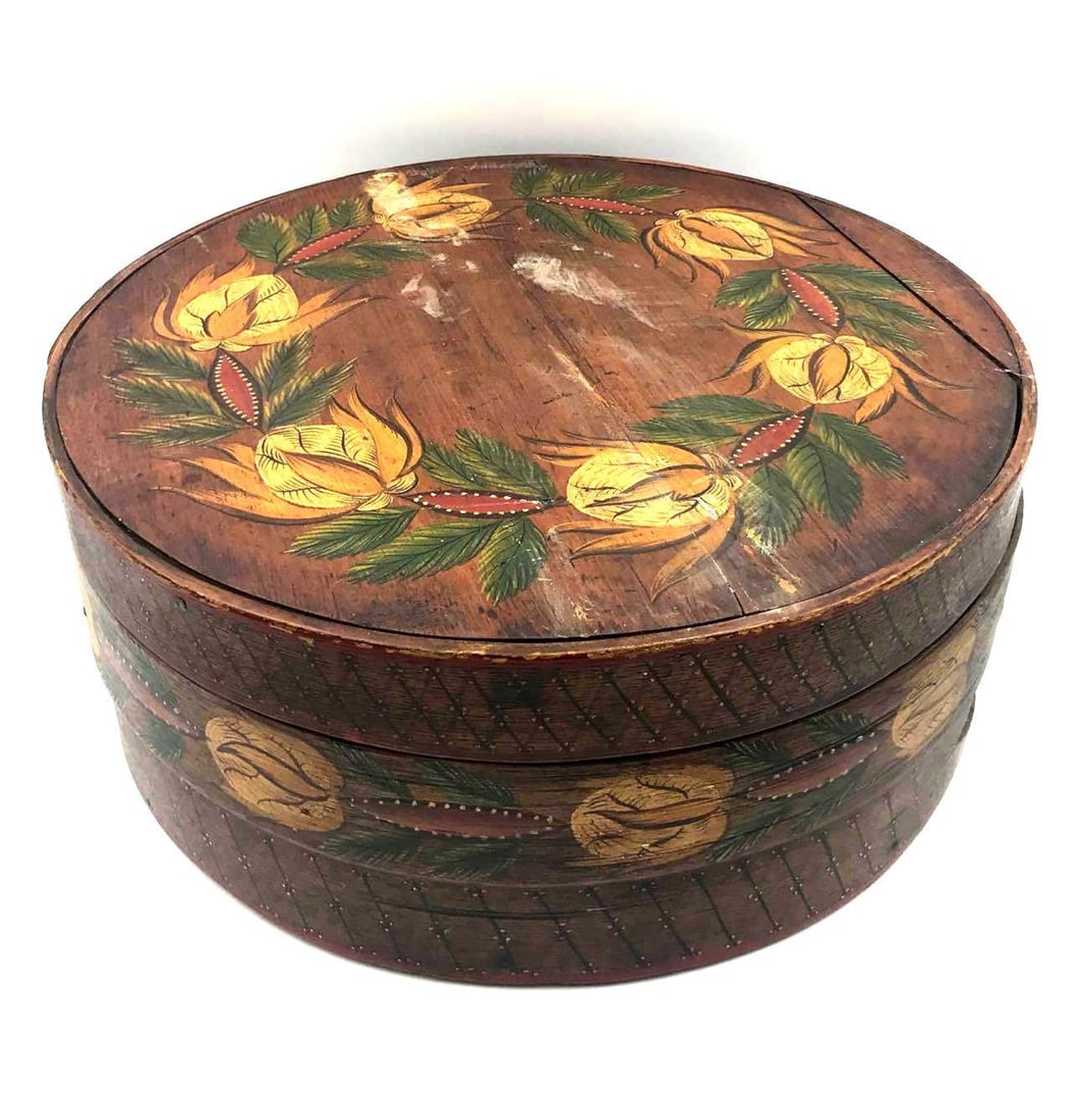 1820s Brides Box: 1820s Brides Box. American-made hand-painted wooden bride's box with a floral depiction, Philadelphia circa 1820. In good condition and measures 7 inches tall and 18 inches in diameter.