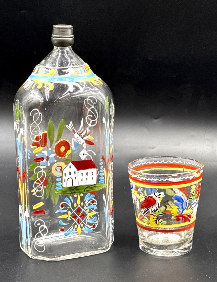 1770 Henry Stiegel Painted Glass Decanter and Cup: 1770 Henry Stiegel Painted Glass Decanter and Cup. Henry Stiegel painted glass decanter with a pewter lid and matching cup. Mannheim Pa. circa 1770. Decanter 9 inches tall and Cup. 3.5 inches tall