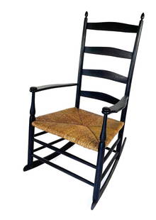Antique Shaker Ladder Back Armchair Rocker: Antique Shaker Ladder Back Armchair Rocker. An antique shaker rocker featuring acorn finials, 4 slat backs, mushroom-capped arms, and a rush seat. Mt. Lebanon, MA, Circa 1860. The rocker measures 24 x
