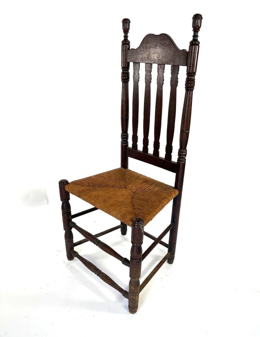 New England Maple Bannister Back Side Chair: New England Maple Banister Back Side Chair. All original maple banister back side chair with a double arched crest rail above four baluster-shaped splats that are flat in the front and curved in the b