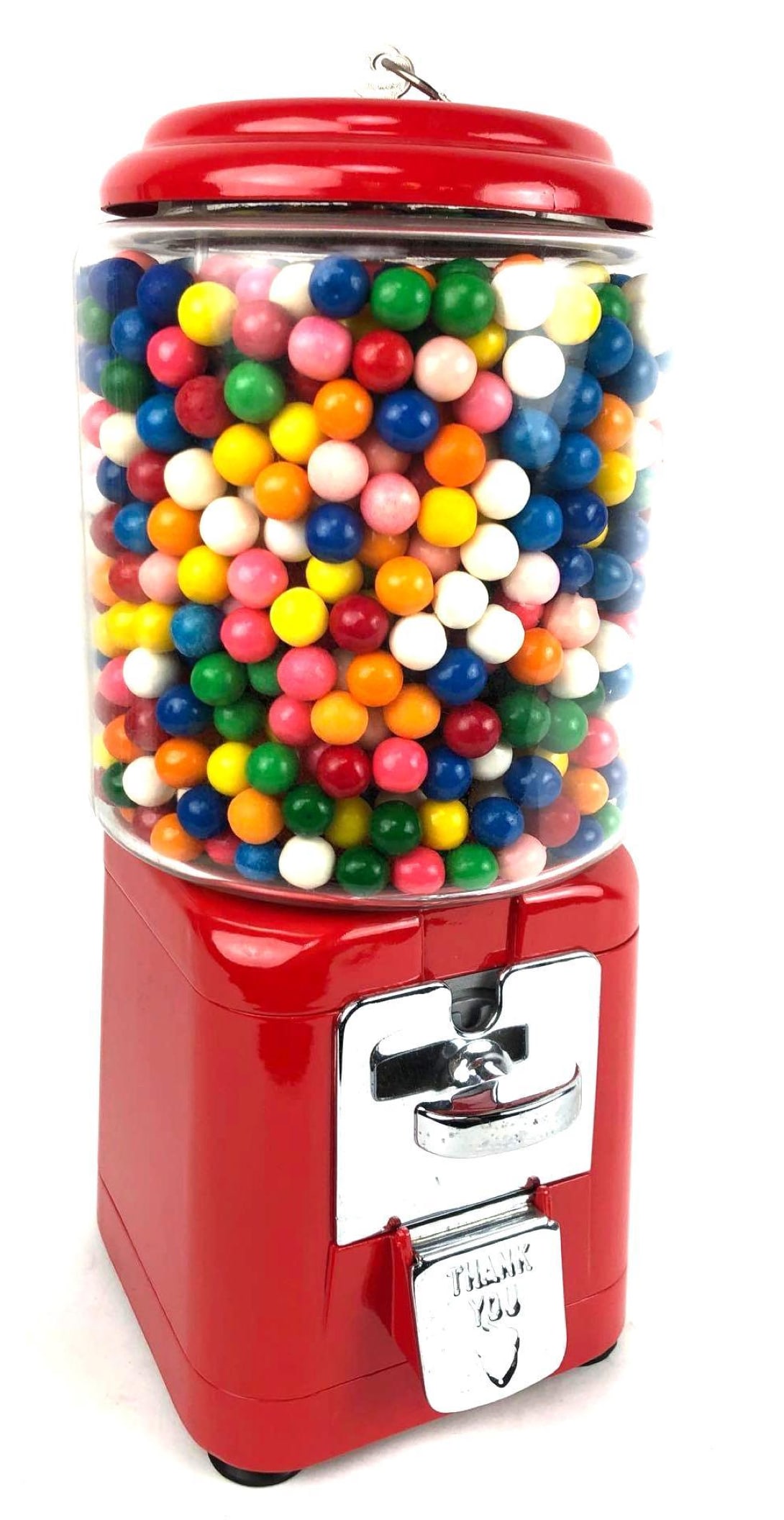 Red Gumball Machine: Red Gumball Machine. It has a red base and top and comes with a key. The inscribed serial no. states, H01502. The gumball machine has been restored. Measures to be 17 x 5.5 x 5.5 inches.