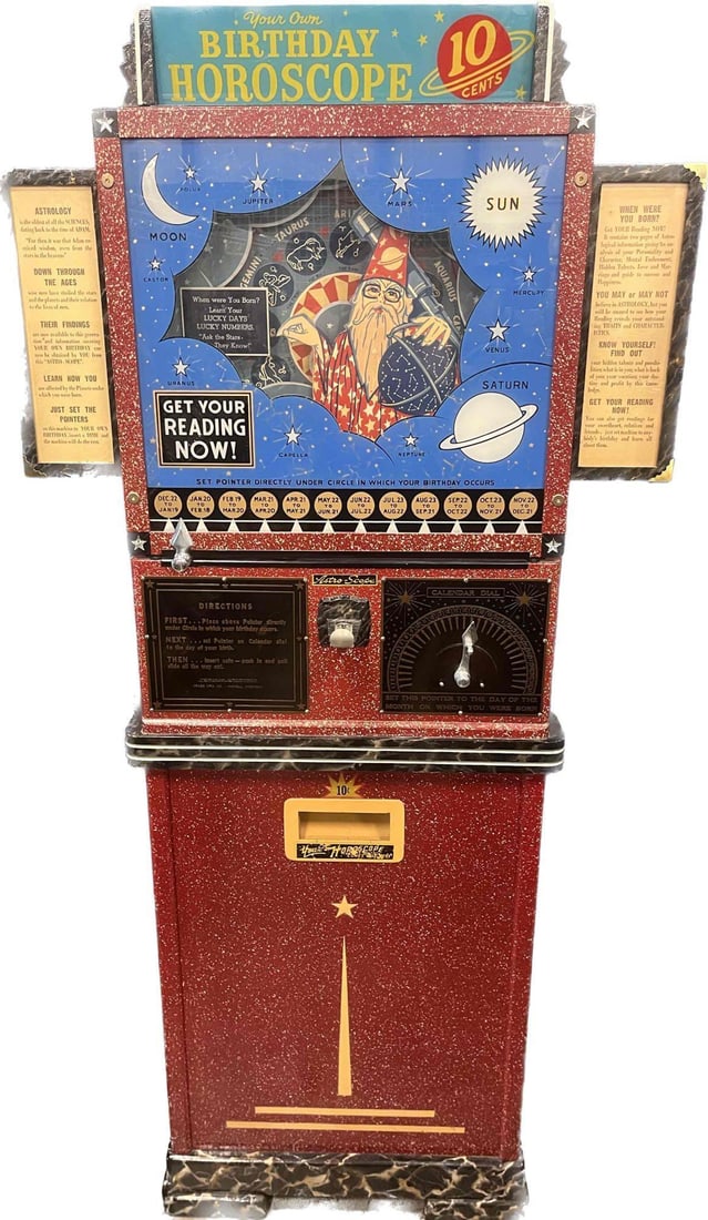 Astro- Scope Horoscope Machine: Astro- Scope Horoscope Machine. The machine is coin operated and includes a Birthday dial and calendar dial. The Machine will tell you your lucky dates according to your Birth date. The machine states