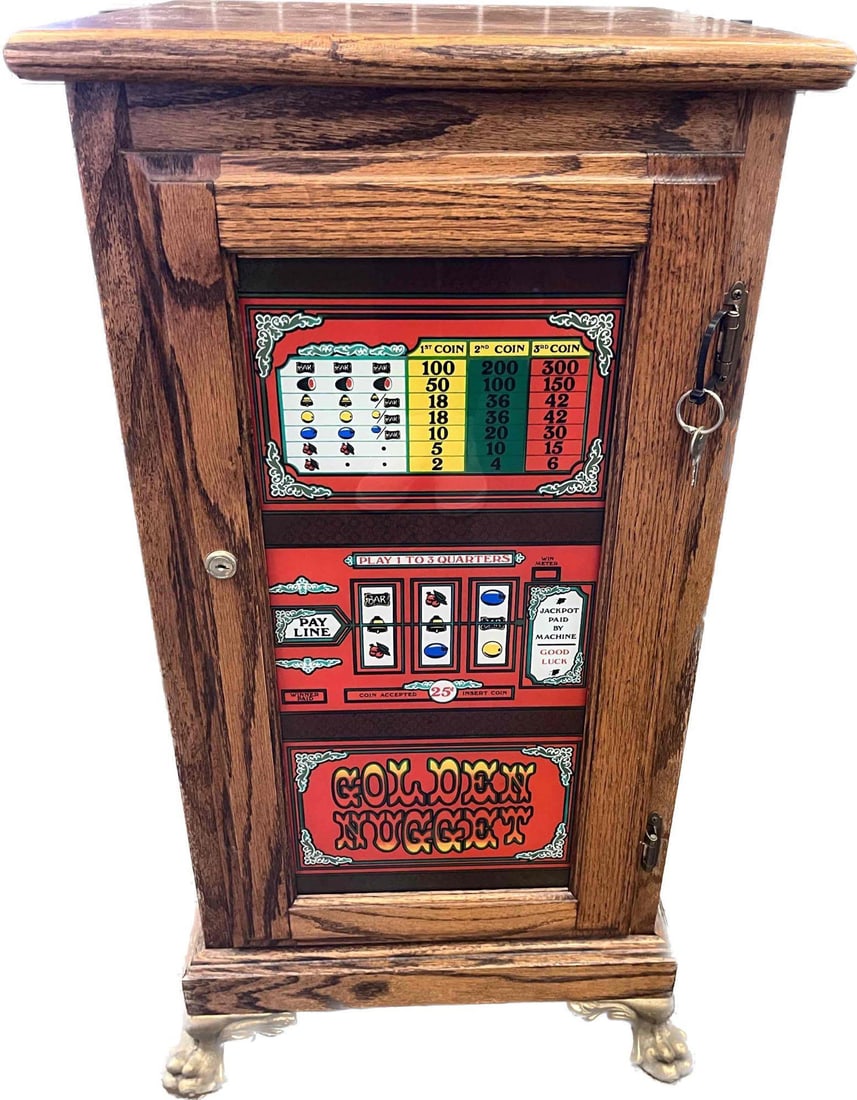 Golden Nugget Red Light Up Slot Machine Oak Stand (1 of 9)