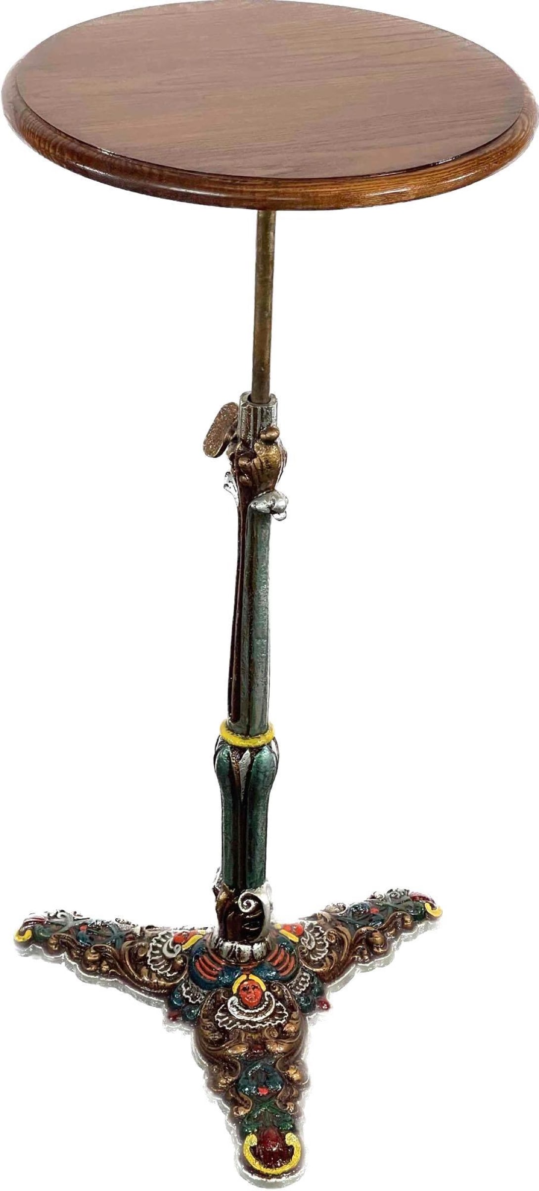 Adjustable Ornate Metal Pedestal with Round Wooden Top (1 of 7)