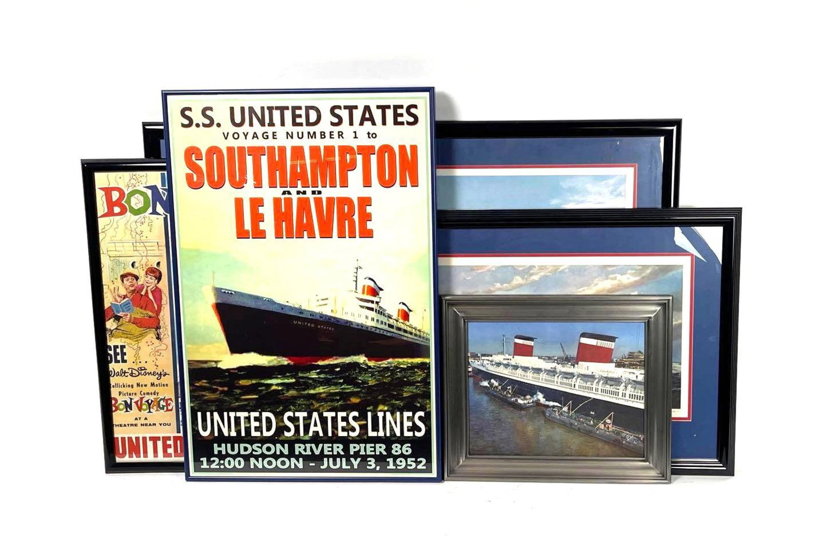 S. S. United States Art: S. S. United States Art. There are five pieces in total. The first piece is a S. S. United States Voyage Number 1 to South Hampton and Le Havre. The bottom reads United States Lines Hudson River Pier 