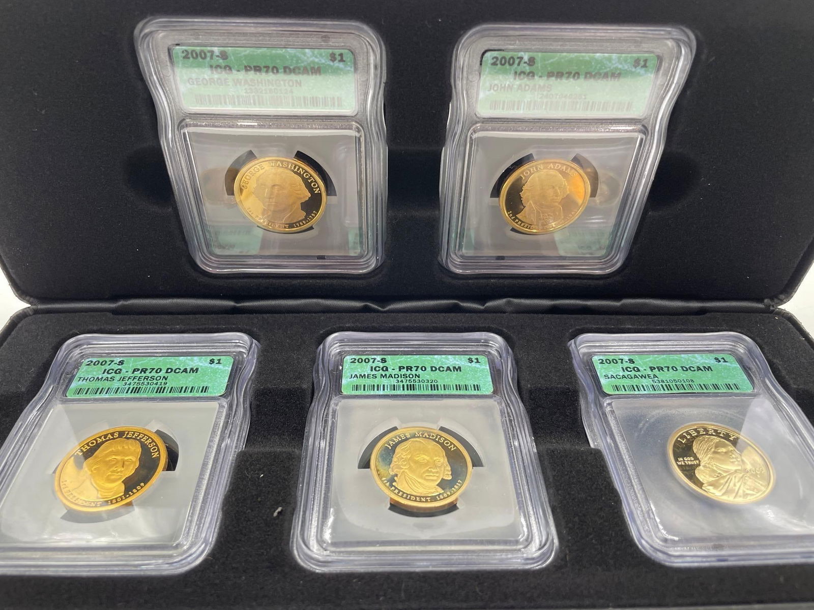 Graded Presidential Dollar Sets: Five sets with the same graded coins: 2007-S George Washington Dollar, 2007-S John Adams Dollar, 2007-S Thomas Jefferson Dollar, 2007-S James Madison Dollar, and 2007-S Sacagawea Dollar. All graded PF