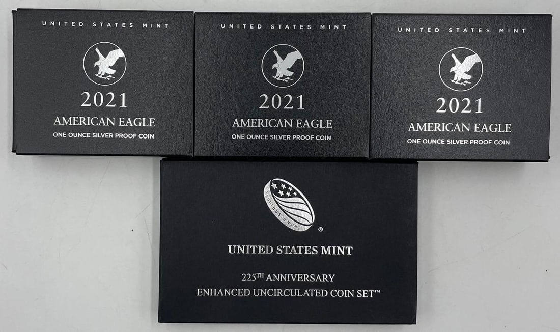 2021 American Eagles and 225th UNC Coin Set: Three 2021 Silver Proof One Ounce American Eagles. Also included is the 225th Anniversary Enhanced Uncirculated Coin Set from 2017.