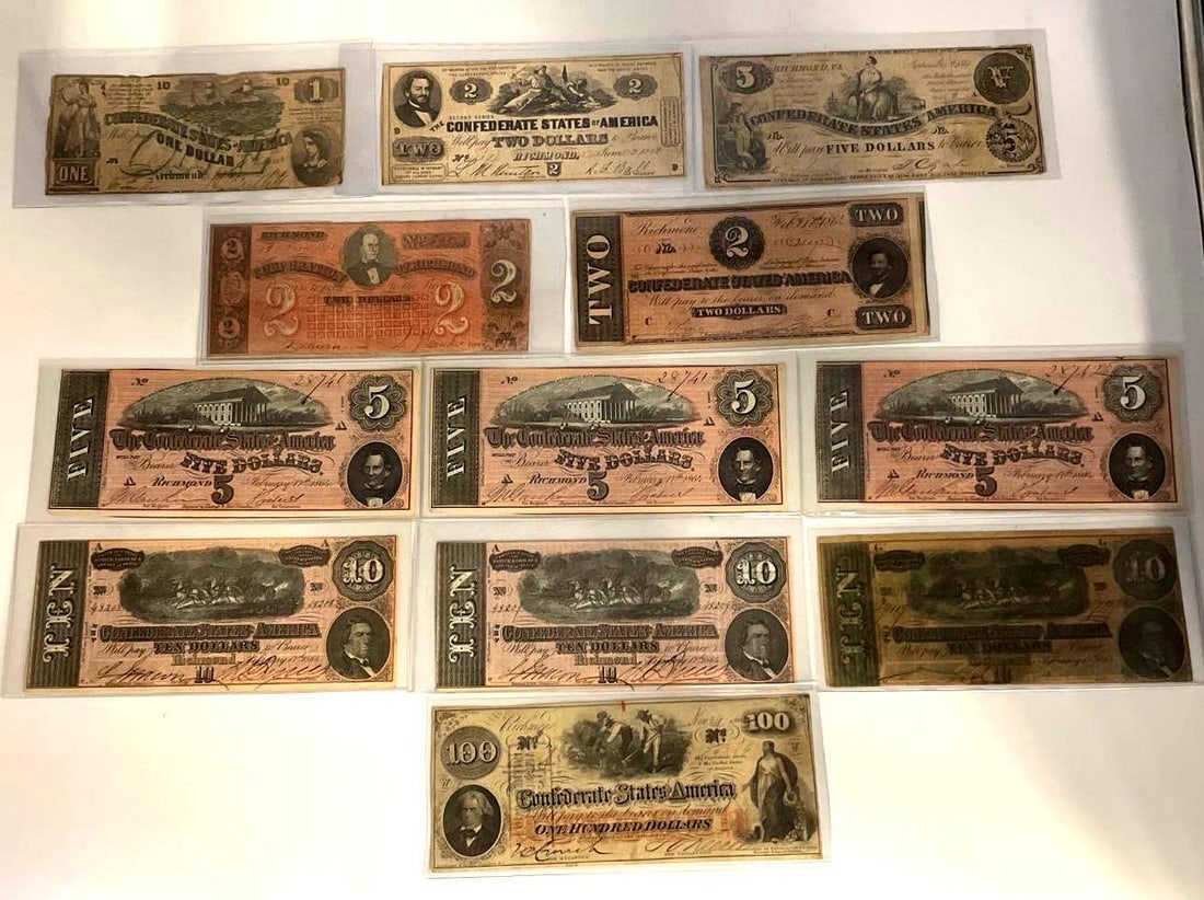 Assortment of Obsolete Confederate Notes: Assortment of Obsolete Confederate Notes. Included is as follows: $1 June 2, 1862 $2 June 2,1862 $5 Sept. 2, 1861 $2 April 19, 1861 $2 Feb. 17, 1864 Three $5 Feb. 17, 1864 Three $10 Feb. 17, 1864 $100