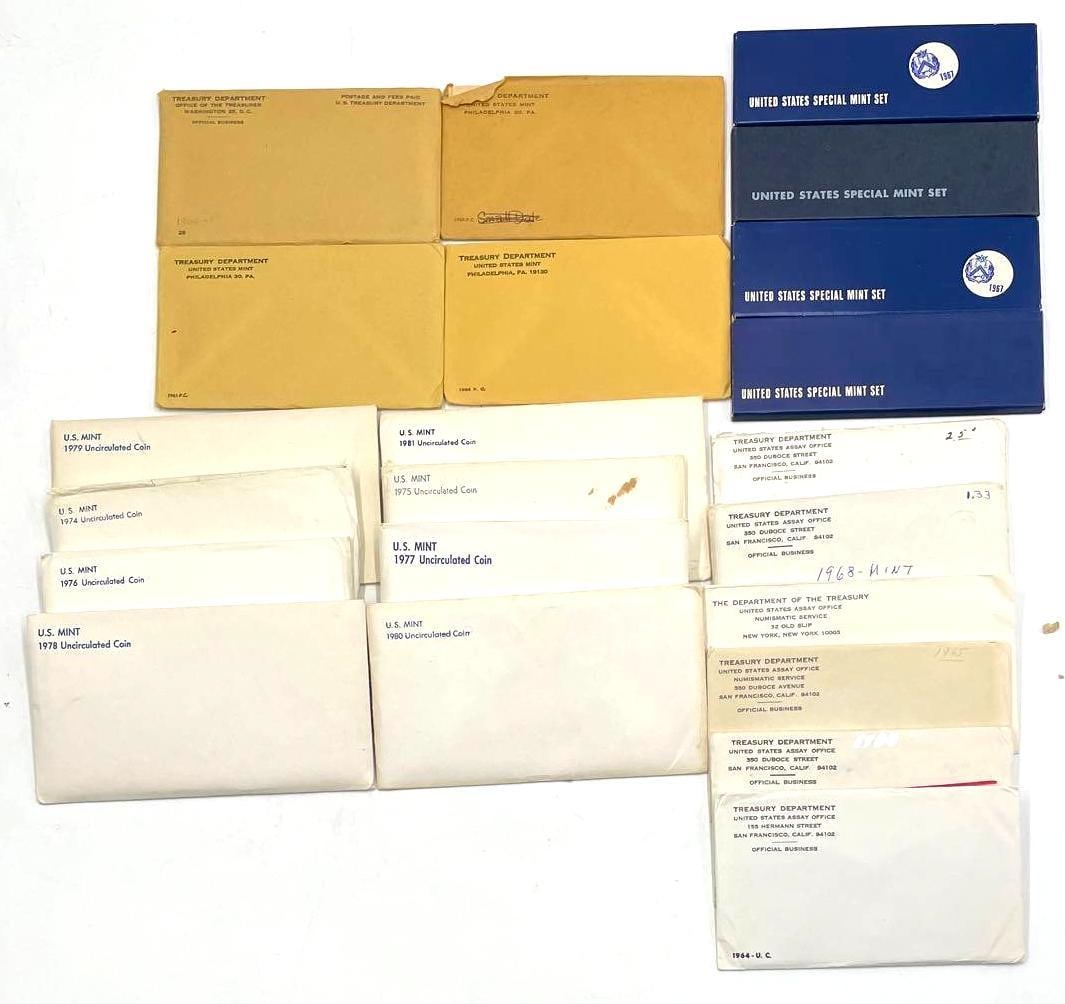 Vintage US Mint and Treasury Sets: Vintage US Mint and Treasury Sets from the 1960s to 1980s. Uncirculated coin sets, special mint sets, and proof sets. 22 sets in total.