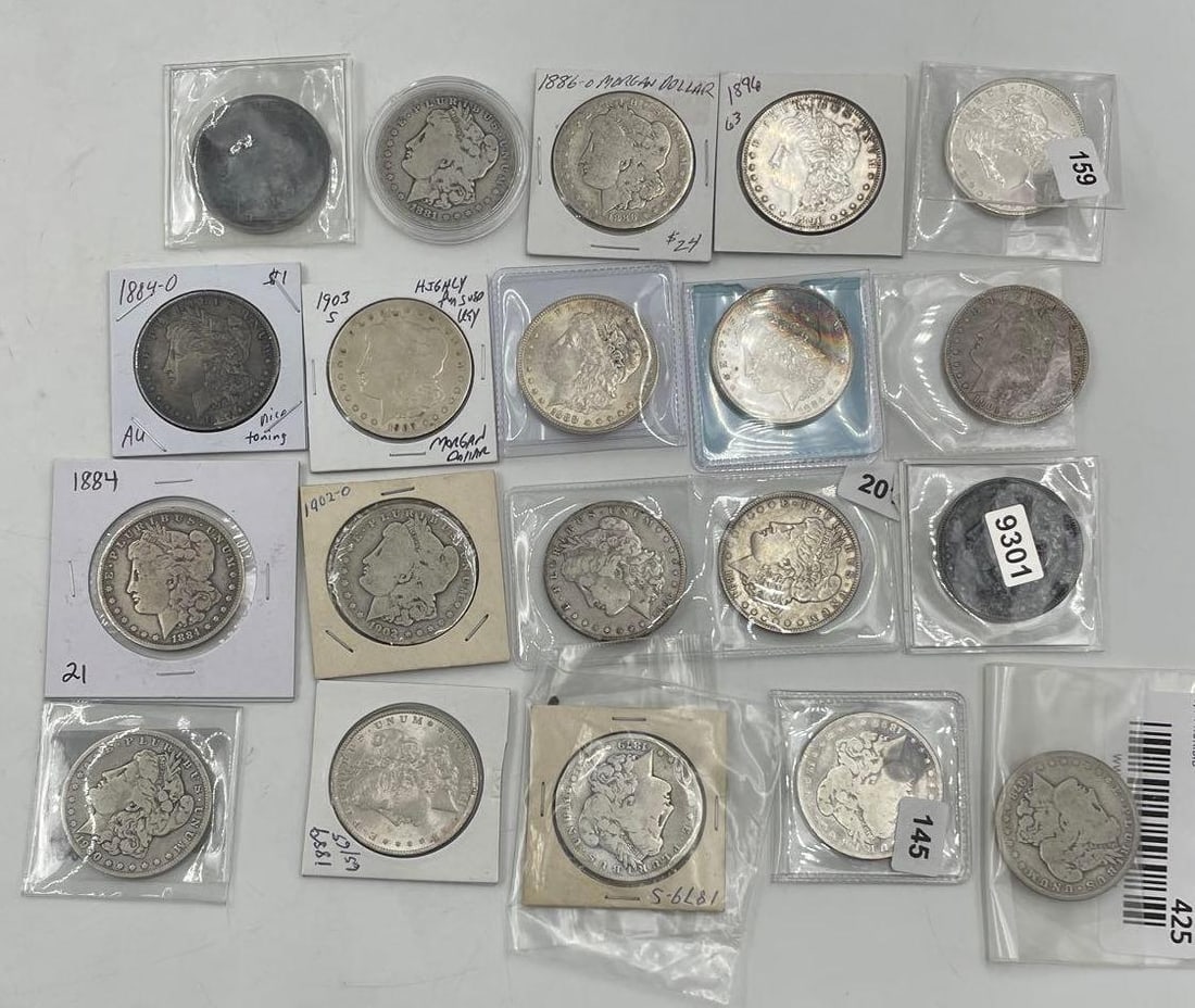 Assorted Morgan Silver Dollars: Assorted Morgan Silver Dollars, 20 included. Various dates, mint marks, and conditions.