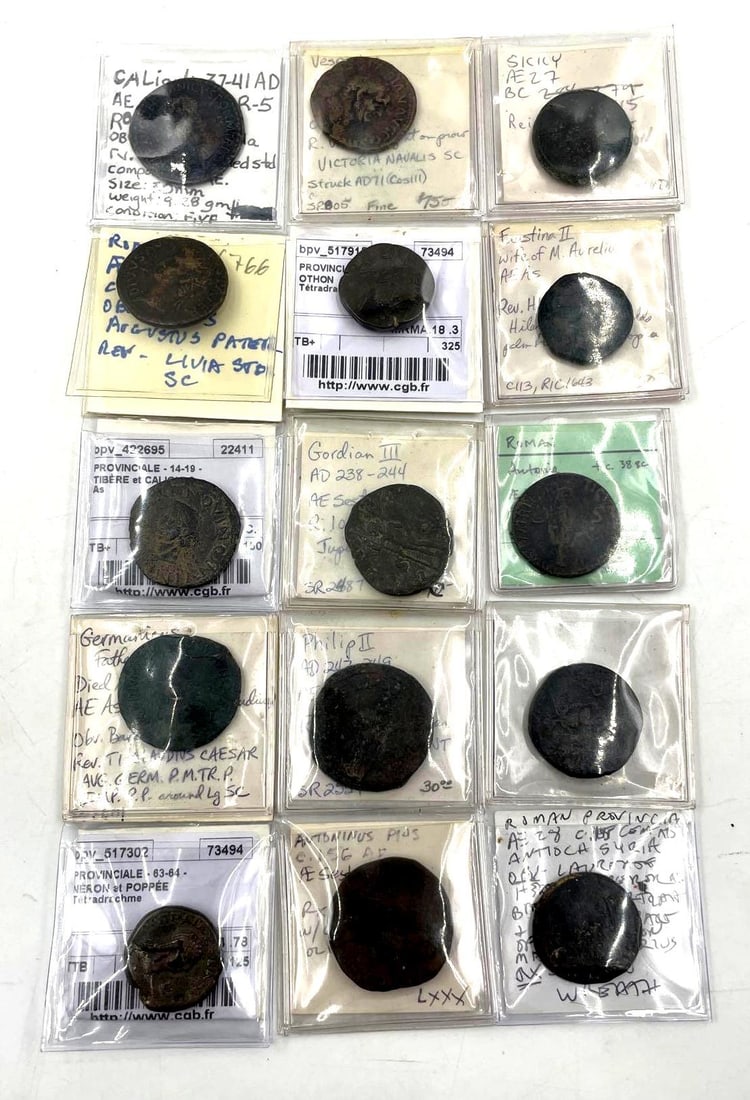 Collection of Ancient Coins: Collection of Ancient Coins, 15 various coins included. Contains mostly Roman issues. Provinciale - 14-19 - Tibere et Caligula, As, TB+ Roman Provincia, AE 28, Antioch Syria, Obv - Laureaof 1st Empero