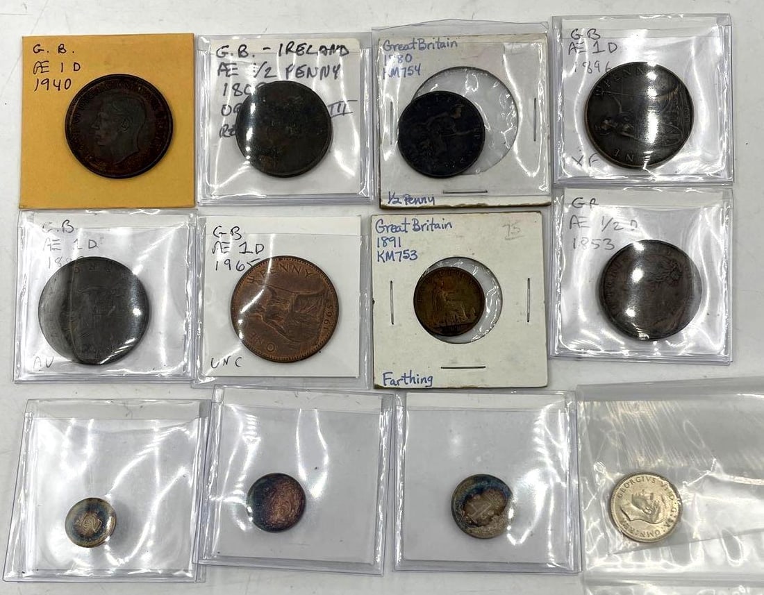 Collection of World Coins: Collection of World Coins, 12 various coins included. Contains all British issues. AE 1/2 D 1853 1880 1/2 Penny AE 1 D 1940 AE 1 D 1896 AE 1/2 Penny 1805, George 3, Harp AE 1D 1887 AE 1D 1965 1891 Far