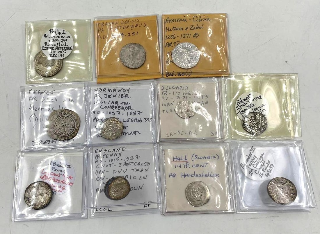 Collection of Ancient Coins: Collection of Ancient Coins, 11 various coins included. Contains mostly assorted issues. Alexander 3 Penny, 2nd Coinage class D Normandy AR Denier, William the conqueror, AD 1037-1087 Armenia Cilicia,