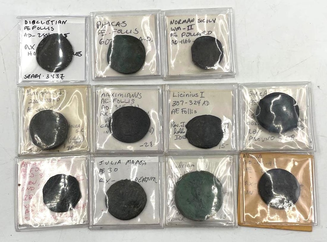 Collection of Ancient Coins: Collection of Ancient Coins, 11 various coins included. Contains mostly assorted issues. Nerua, AD 96-98, AE22 Maximinus I, 235-238 AD, AE Sestertius Byzantine, AE Follis, 820 -829 AD Julia Mamea, AE 