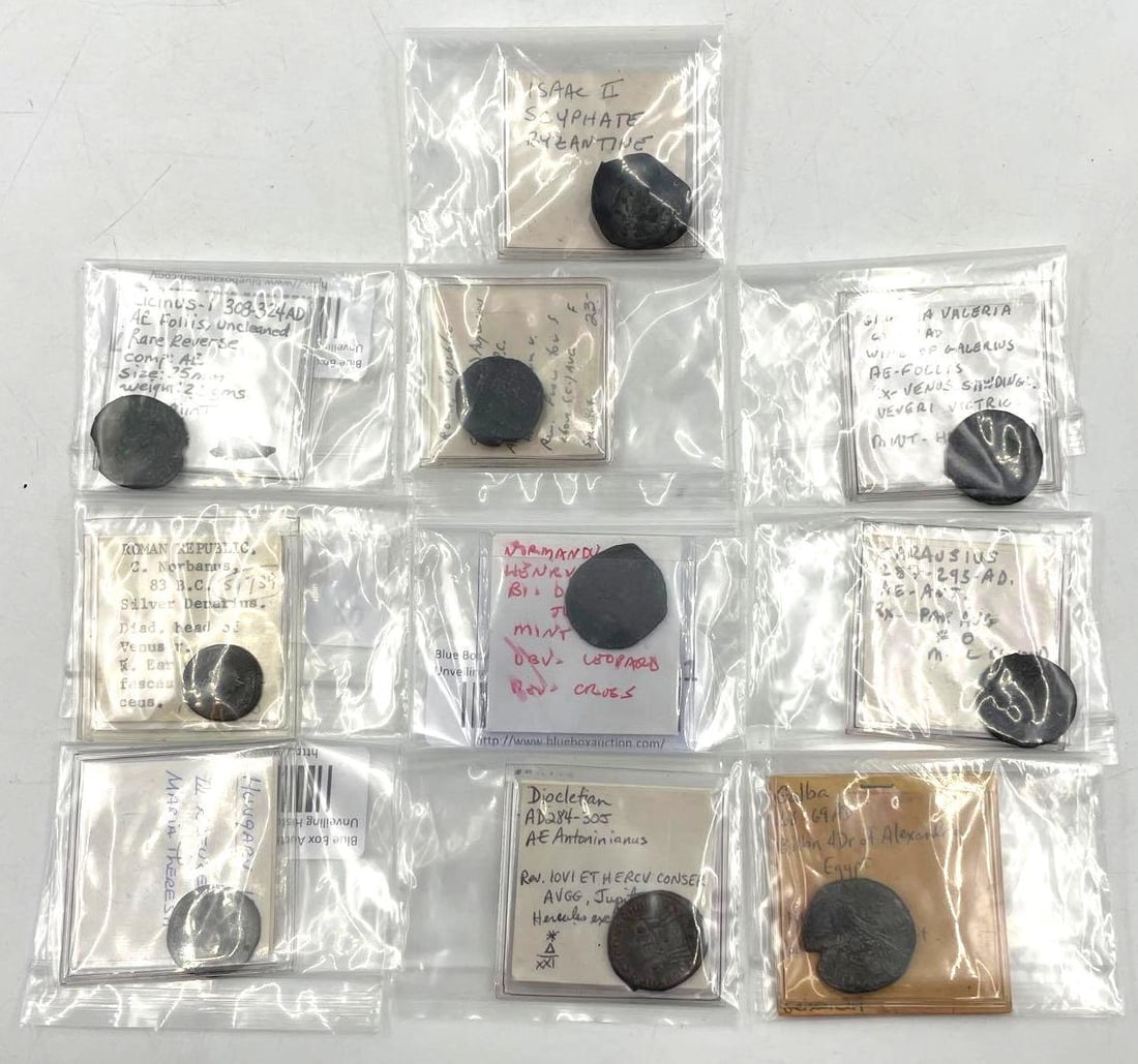 Collection of Ancient Coins: Collection of Ancient Coins, 10 various coins included. Contains mostly Roman issues. Roman Republic, C. Norbanus, 83 BC, Silver Denarius, Diad. Head of Venus Licinus I, 308-324 AD, AE Follis, Rare Re