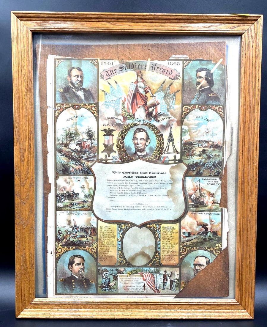 Civil War The Soldiers Record Color Leaf: Leaf titled The Soldiers Record 1861-1865 with imagery from the Civil War. The text in the shield is, "This certifies that comrade?John Thompson enlisted at Cincinnati, Ohio, in July 1864, in the Unit