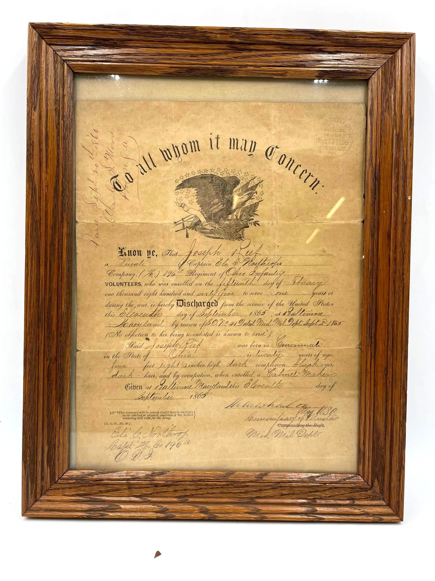 Framed Civil War Discharge Leaf: Framed Civil War Discharge Leaf. The Civil War Discharge Leaf dates from 1865. The top reads To Whom It May Concern. In good condition with minor issues. Measure about 13-14in by 10-11in.