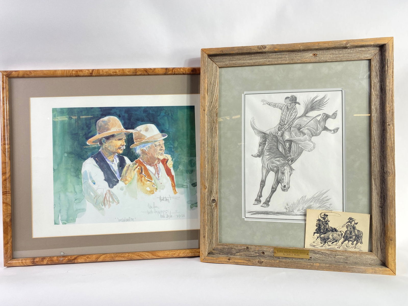 Pencil Drawing of a CowBoy on a Horse and Print of Men: Pencil Drawing of a CowBoy on a Horse and Print of Men. Both are framed, signed, and matted. The drawing is titled Bare Back High Dive by Jack J. Wells. It shows a man on a horse that is expressively