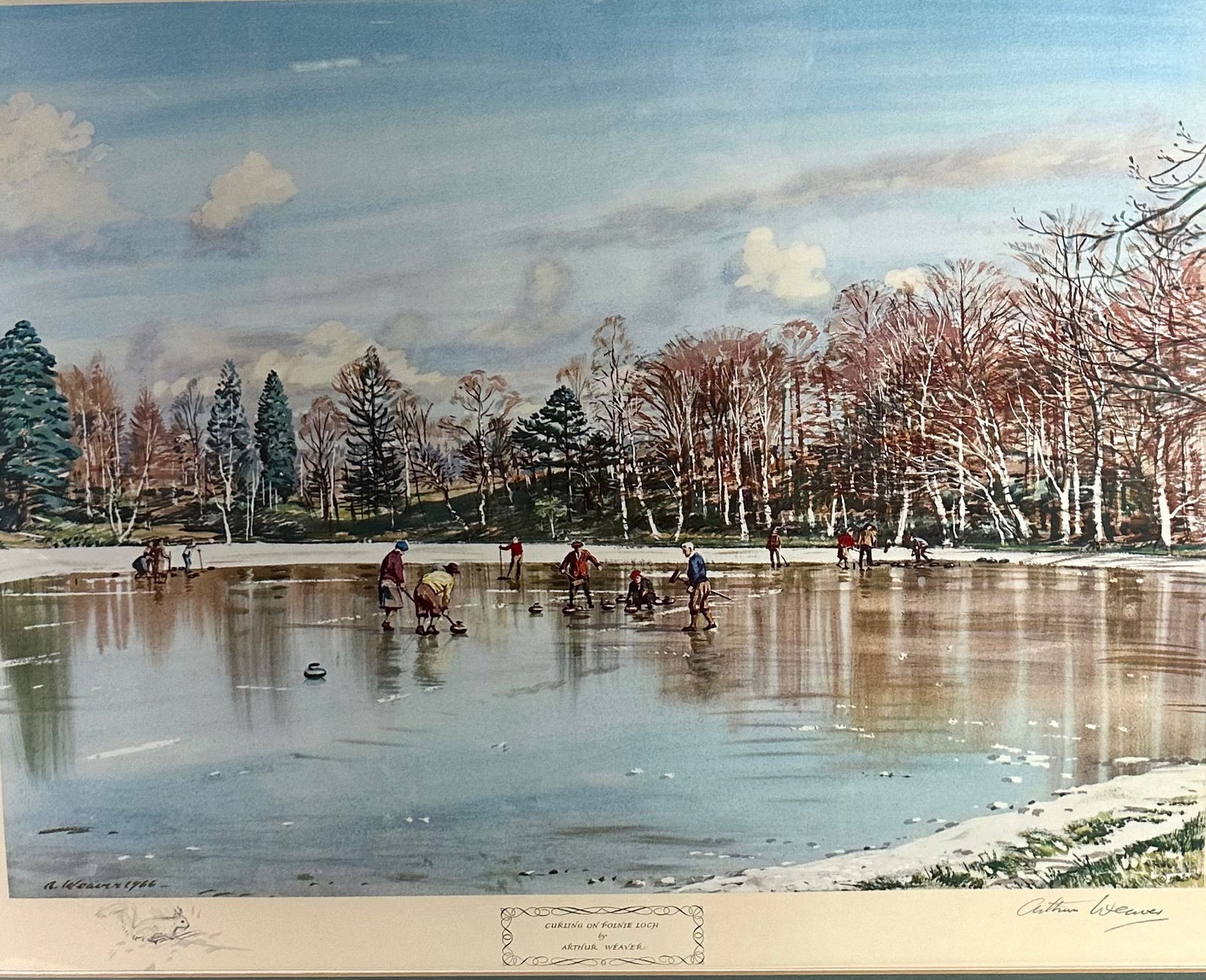 Curling on Polnie Loch by Arthur Weaver Lithograph Signed Print: Curling on Polnie Loch by Arthur Weaver Lithograph Signed Print. Done in 1968. The print depicts multiple people playing curling on ice with a wooded scene around them. There is a clear sky above them