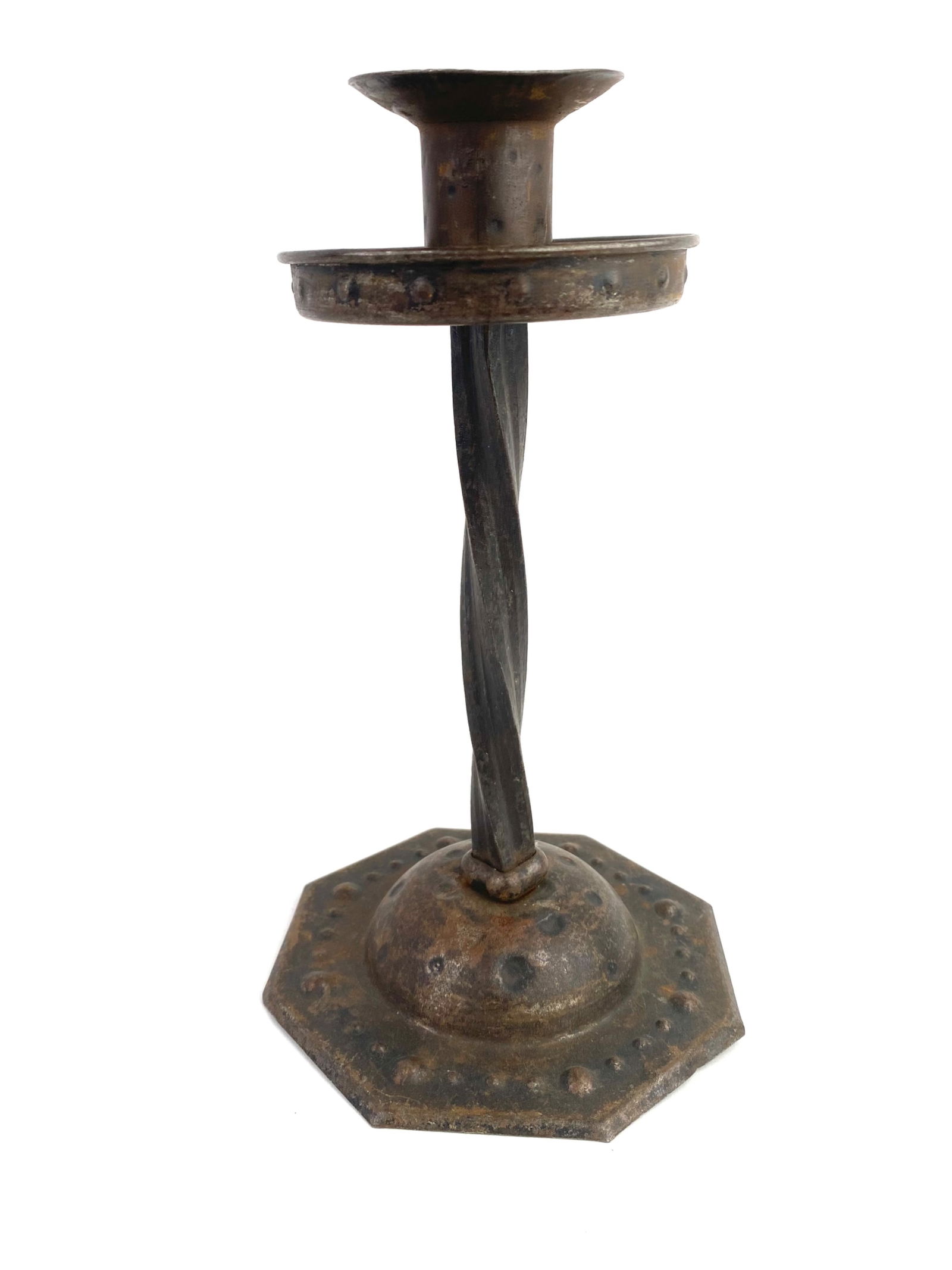 Hugo Berger Wrought-iron Candleholder: A wrought-iron candleholder by Hugo Berger, circa 1910. The piece has a diameter of 4.75 inches and a height of 8.25 inches.