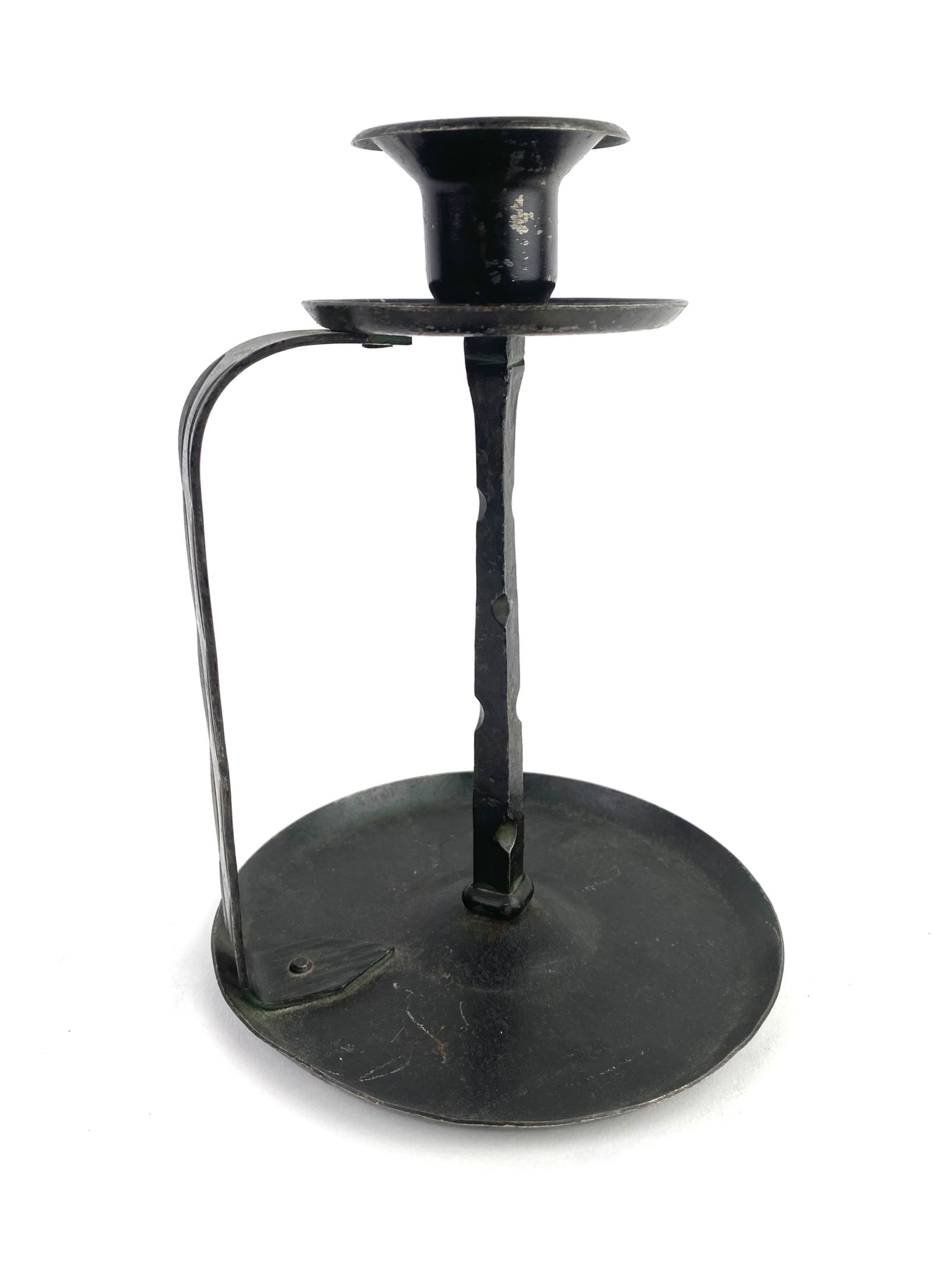 Hugo Berger Wrought-Iron Candleholder on Saucer Shaped Base: Hugo Berger Wrought-Iron Candleholder on Saucer Shaped Base. An unusual form of wrought-iron candleholder set on a saucer shaped base with a rare form of mark by Hugo Berger, also marked "GERMANY", ci
