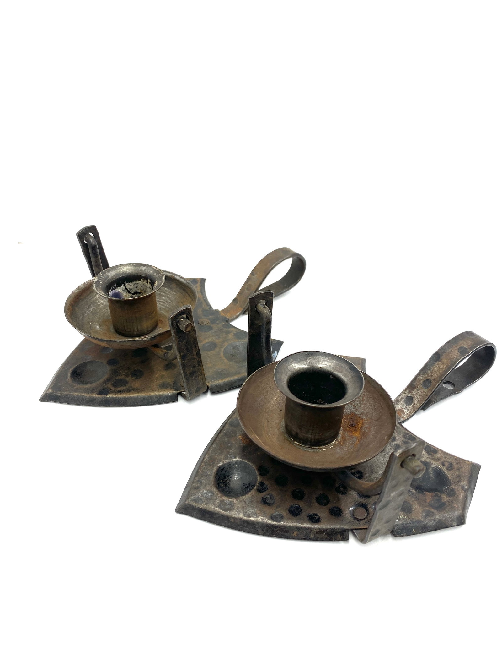 Hugo Berger Wrought-iron Wall Sconces: Hugo Berger Wrought-iron Wall Sconces: A pair of wrought-iron gimbel-form wall sconces by Hugo Berger, circa 1910. Both are marked "GERMANY" on the back. The sconces have a diameter of about 5 inches