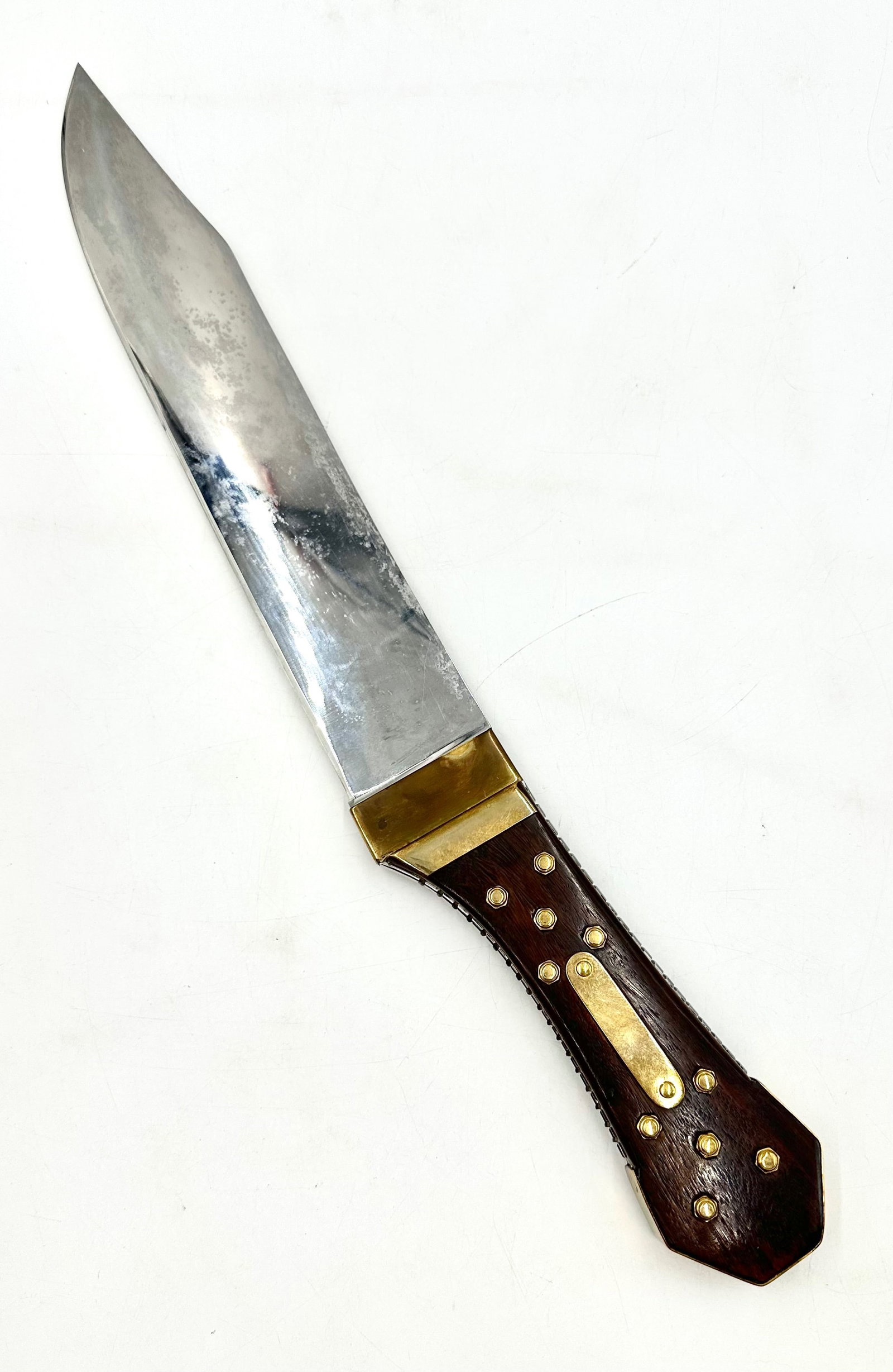 Civil war Riflemen's Bowie Knife with Case: Bowie knife with heavy rosewood coffin handle with bronze rivets and wrapped pommel. Blade measures 11.5 in x 2 in. Handle measures 6 in x 2 in.
