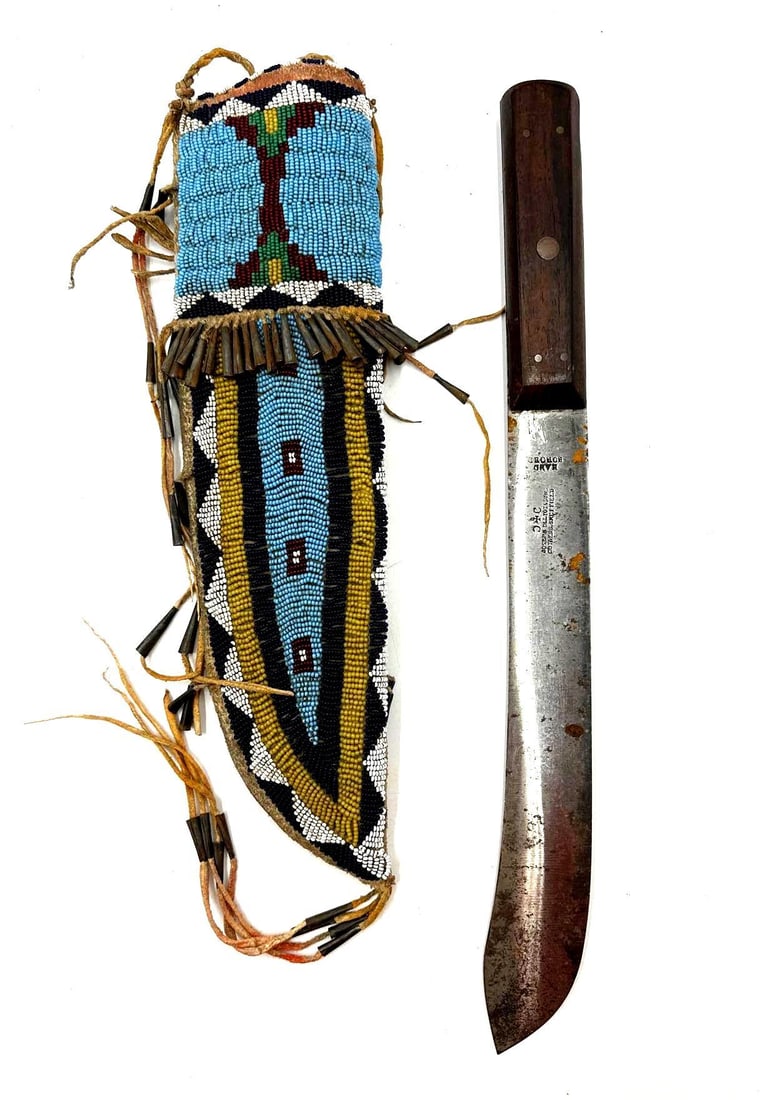 Plains Indian Knife and Sheath, 18 or 19th Century: Large 18th-century or early 19th-century Plains Indian knife and sheath. The sheath is sinew sewed with the beaded front on the back of buffalo hide. Decorated with blue, dark red, yellow, green, and 