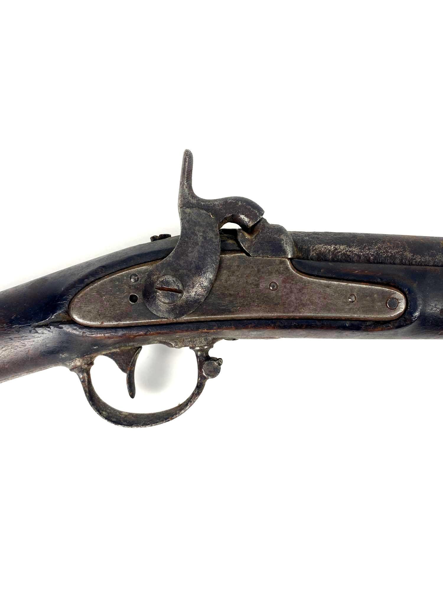 Antique 1800s Percussion Rifle: Antique 1800s Percussion Rifle. An original antique Rifle from the Civil War period, 1855-1875. The wooden body has a few dents and scratches. Believed to be an early flintlock that has been converted