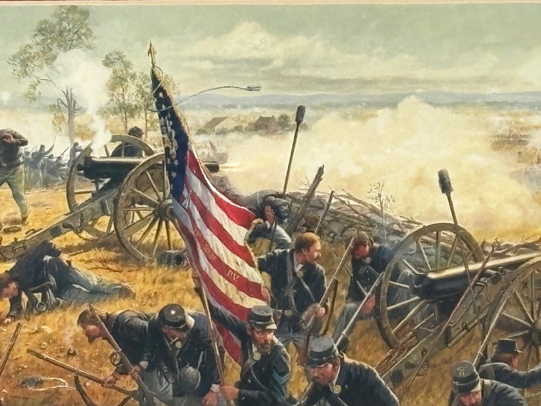 Gettysburg 150th Anniversary By Dale Gallon: A framed print of Gettysburg Pickett's Charge on July 3rd 1863 of the action of the battle by Dale Gallon. The plaque reads 150th Anniversary. The piece is framed. Measures 20x17in.
