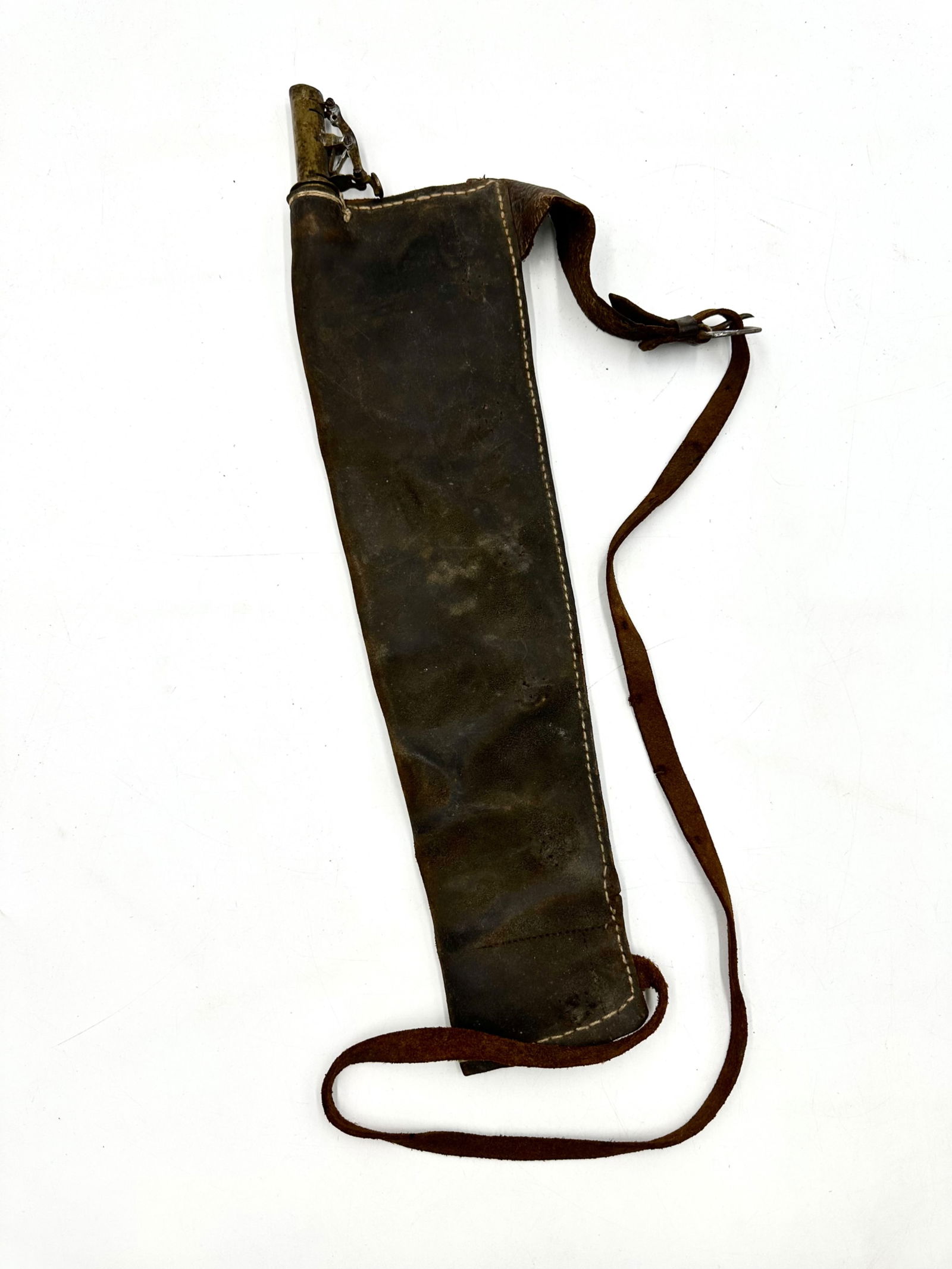 Leather Powder Pouch: Leather Powder Pouch with brass spout and leather strap to hang the bag over ones shoulder. The bag tapers towards the bottom but is otherwise a rather larger holder for powder, and is complimented by