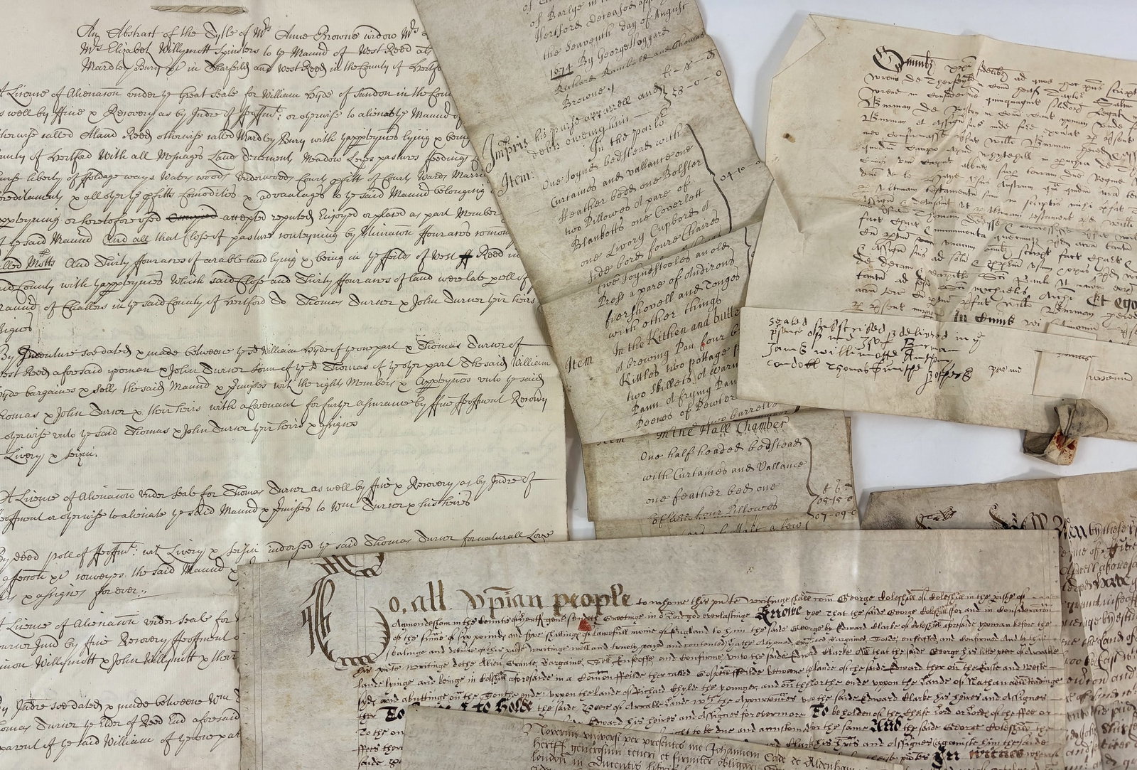 Eight 17th and 18th Century Documents: Collection of 8 historical documents including 2 announcements, 4 ledgers of items that belong to Anna Brown and Thomas Slinkoff, 2 agreements of payment for service and 2 that are not quite legible. 